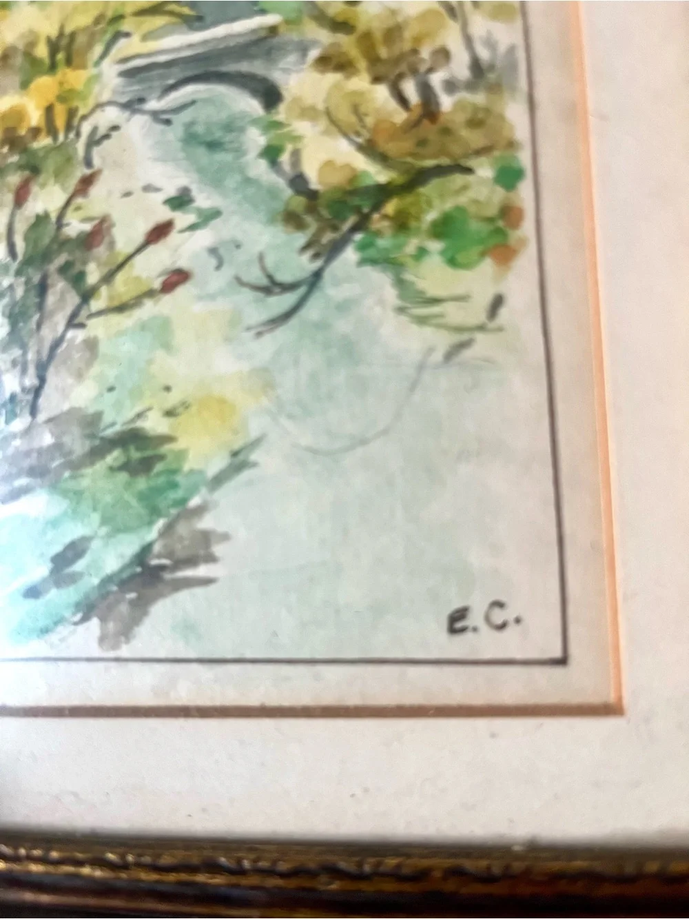HVintage Original Watercolor Landscape | Stone Bridge | Signed E.C. | MCM
